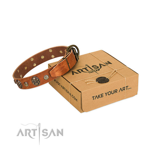 Rust-proof fittings on natural genuine leather dog collar for comfy wearing