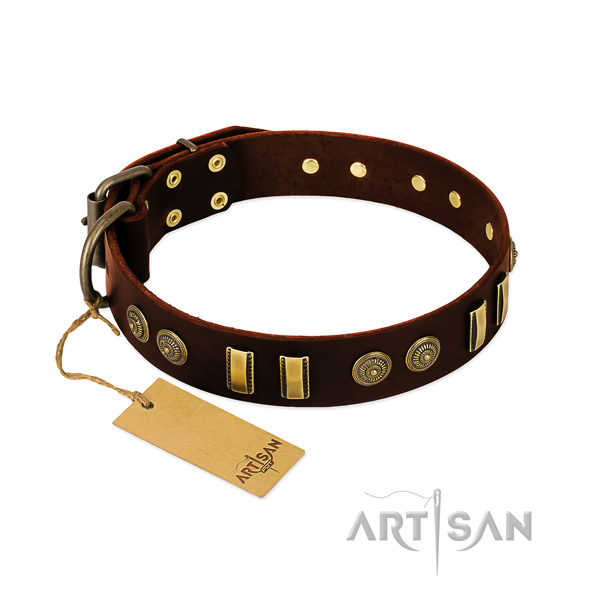 Strong D-ring on leather dog collar for your dog