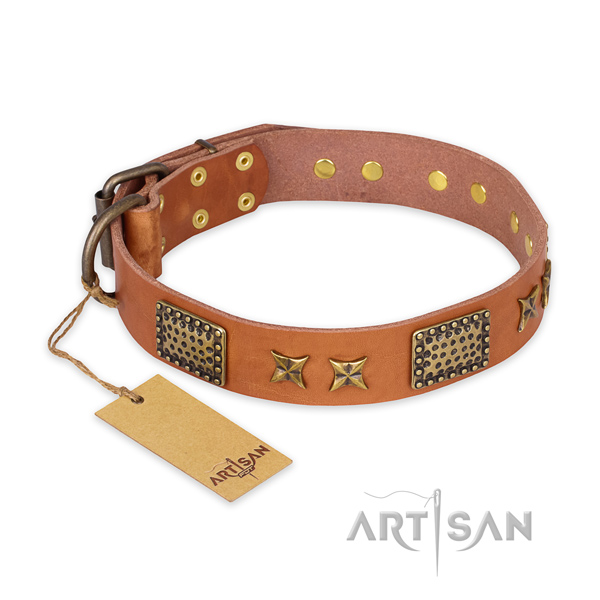 Handmade full grain natural leather dog collar with corrosion resistant buckle
