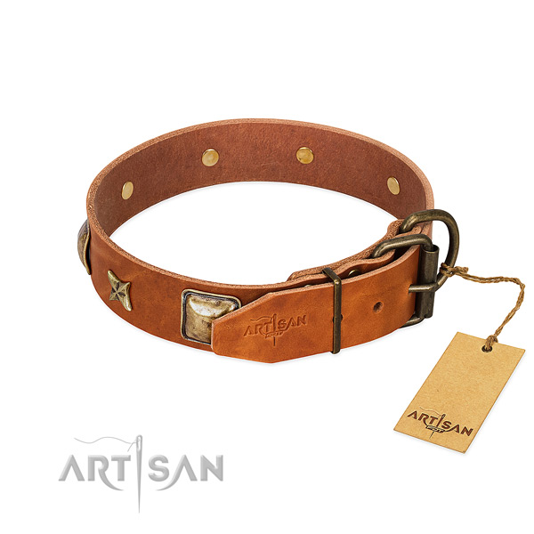 Natural genuine leather dog collar with reliable D-ring and studs
