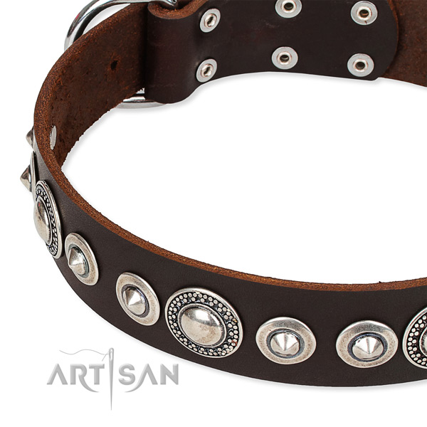 Easy wearing decorated dog collar of strong full grain genuine leather