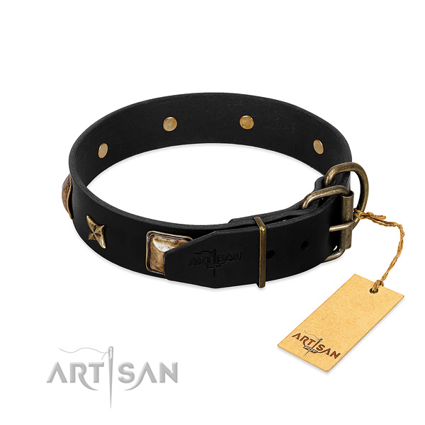 Rust-proof D-ring on natural genuine leather collar for walking your four-legged friend