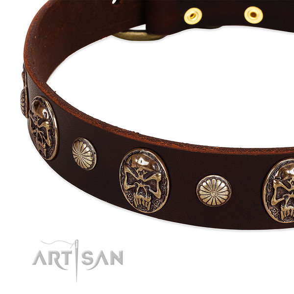 Genuine leather dog collar with adornments for comfortable wearing