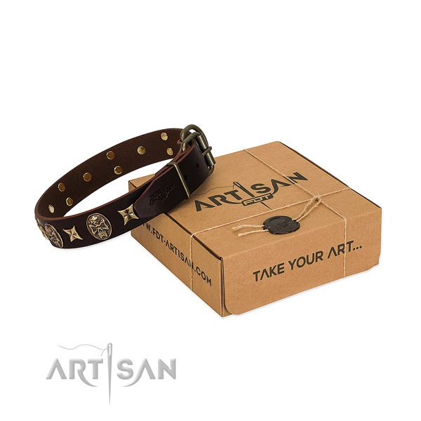 Convenient full grain natural leather collar for your lovely four-legged friend