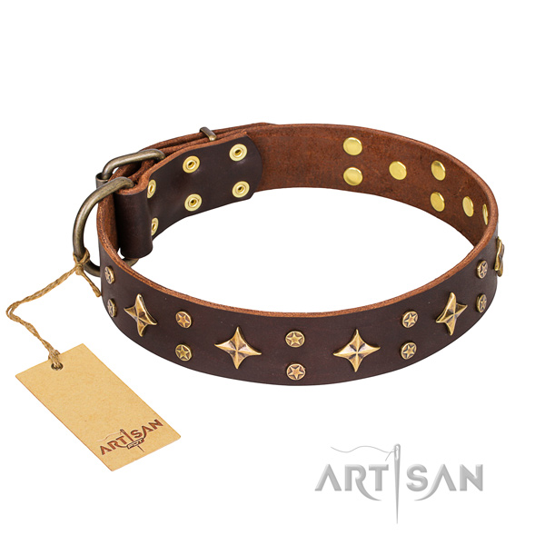 Comfy wearing dog collar of durable full grain genuine leather with decorations