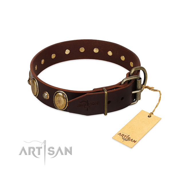 Rust-proof fittings on natural genuine leather collar for basic training your pet