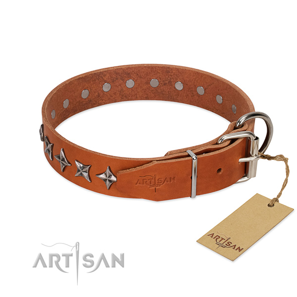 Basic training decorated dog collar of quality full grain genuine leather