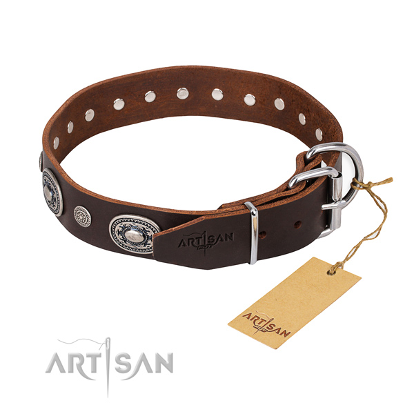 High quality full grain natural leather dog collar handcrafted for daily walking