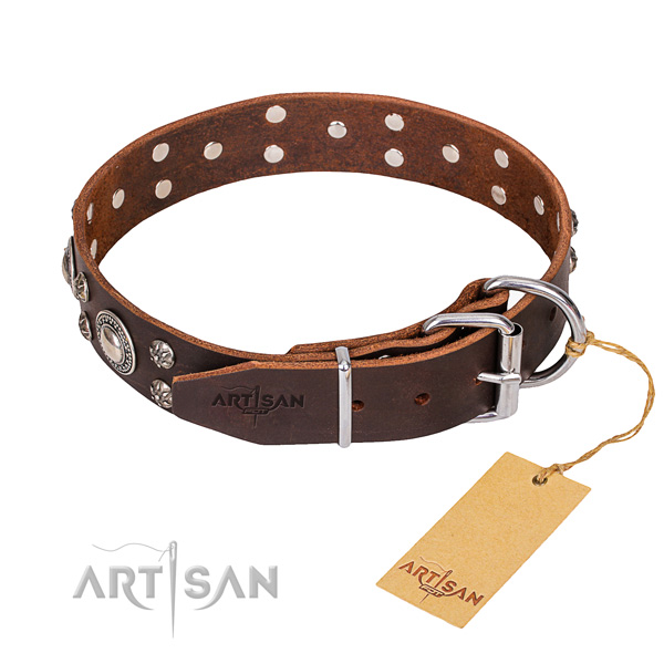 Comfy wearing embellished dog collar of high quality leather
