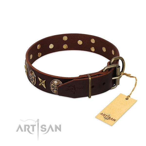 Full grain genuine leather dog collar with durable fittings and adornments