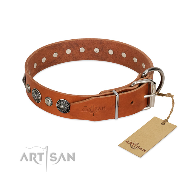Soft Full grain natural leather dog collar with rust resistant buckle