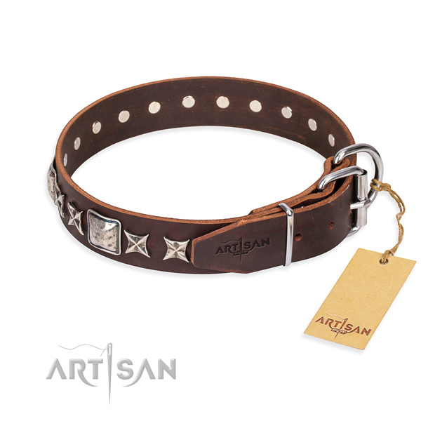 Strong embellished dog collar of full grain genuine leather