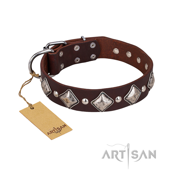 Handy use dog collar of high quality leather with embellishments
