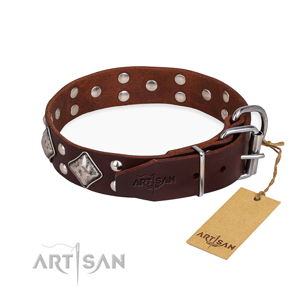 Leather dog collar with trendy corrosion proof decorations