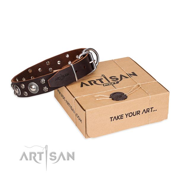 Daily use dog collar of best quality natural leather with adornments