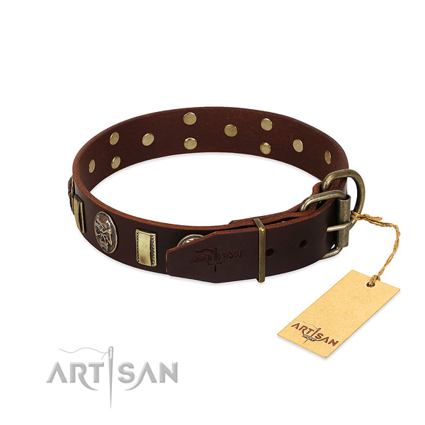 Natural genuine leather dog collar with reliable hardware and studs